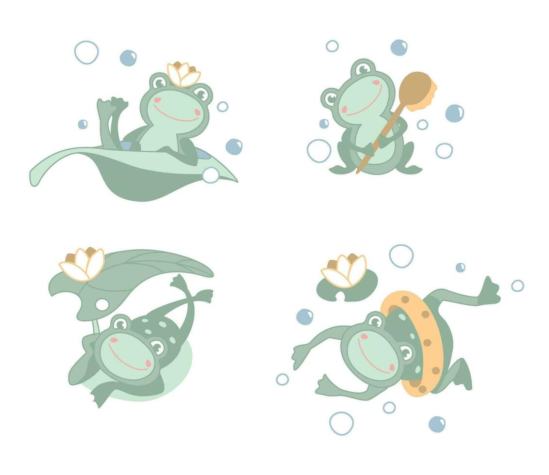 Funny frog washes in the lake. Set of cute baby products illustrations vector