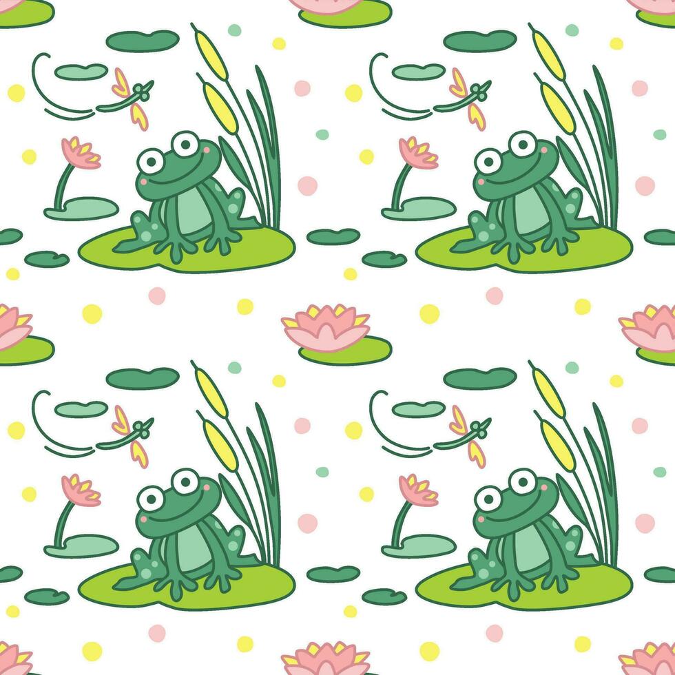 Funny frog, lake and water lily, pond, pattern for kids textile, abstract animals vector