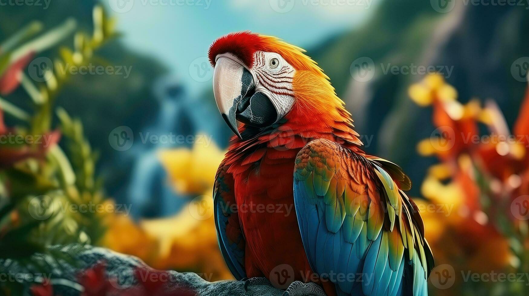colorful blue, red and yellow Macaw in wild nature, AI Generated photo