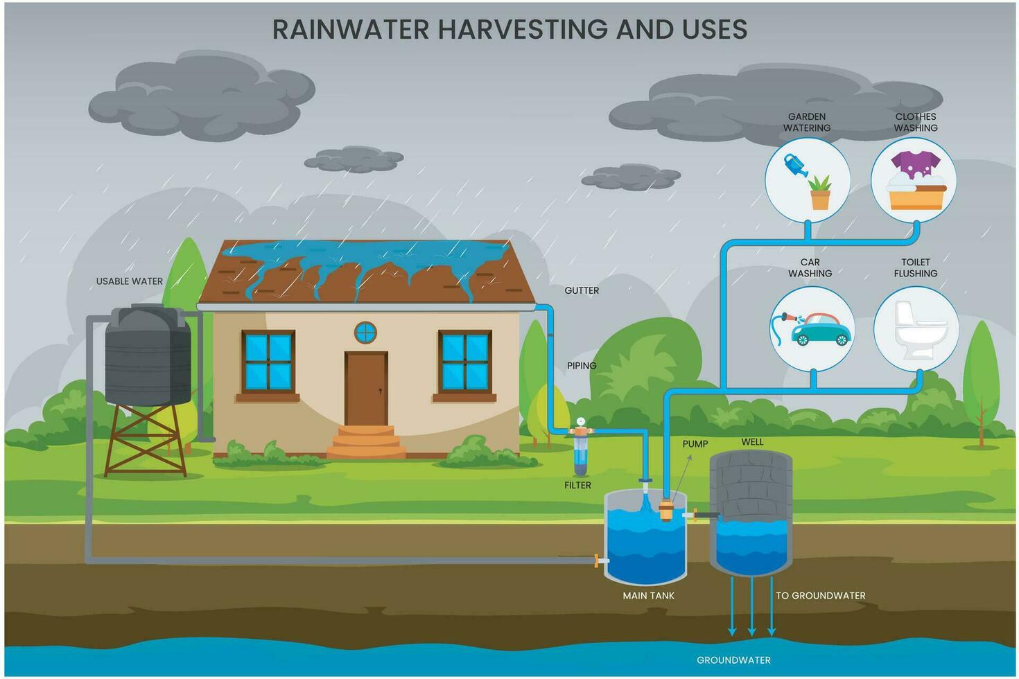 Rainwater harvesting involve Collects rain for irrigation, domestic use, conserving water resources vector