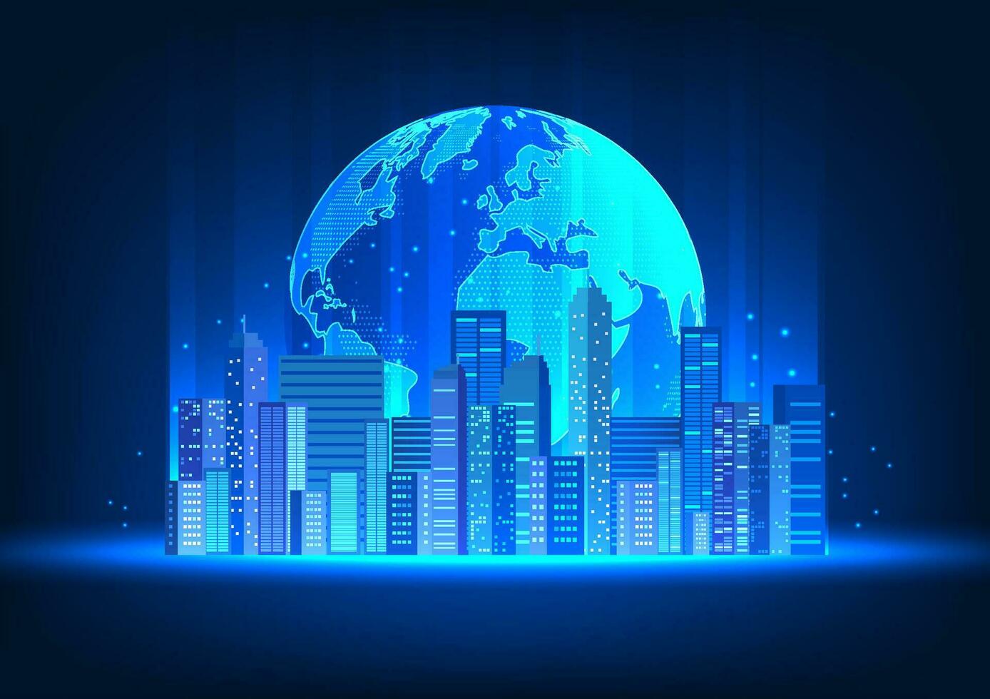 Intelligent world technology There is a big globe with a smart city in front. Intelligent technology that accesses global information to improve people's livelihoods and the global economy. vector