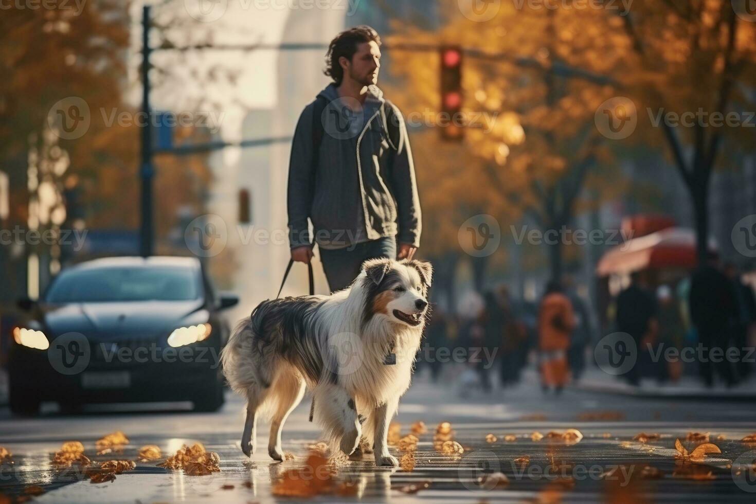 young man walking dog in the city in autumn day, AI Generated photo