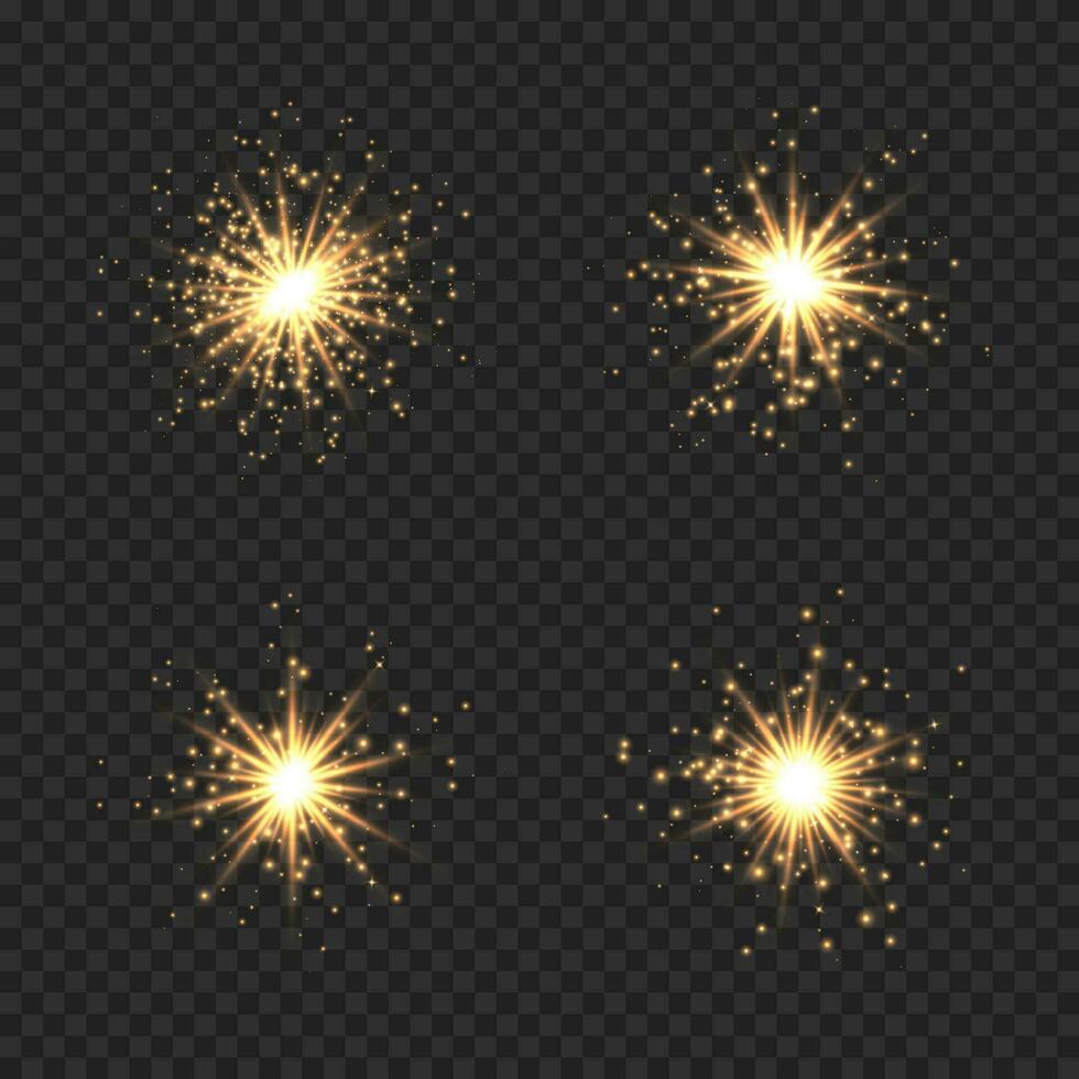 colección de estrella Estallar con destellos dorado ligero llamarada efecto con destellos y Brillantina. vector ilustración brillante resplandor estrella con polvo de estrellas, oro lente llamarada