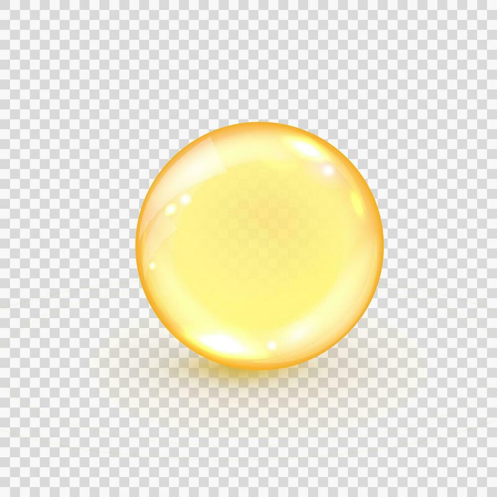 Collagen golden bubble. Realistic gold oil ball. Capsule pills of omega-3, fish oil, vitamin E or D. Vector illustration of amber serum droplet for hair or beauty