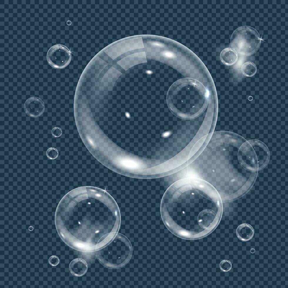 White underwater bubble. Realistic vector illustration of air or soap water bubbles with reflections. Concept of ecology protection , save planet or environment care