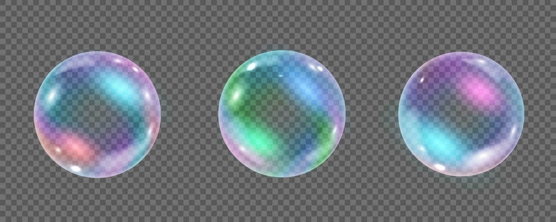 Rainbow colorful underwater bubble. Realistic vector illustration of air or soap water bubbles with reflections. Floating iridescent shiny shampoo foam balls