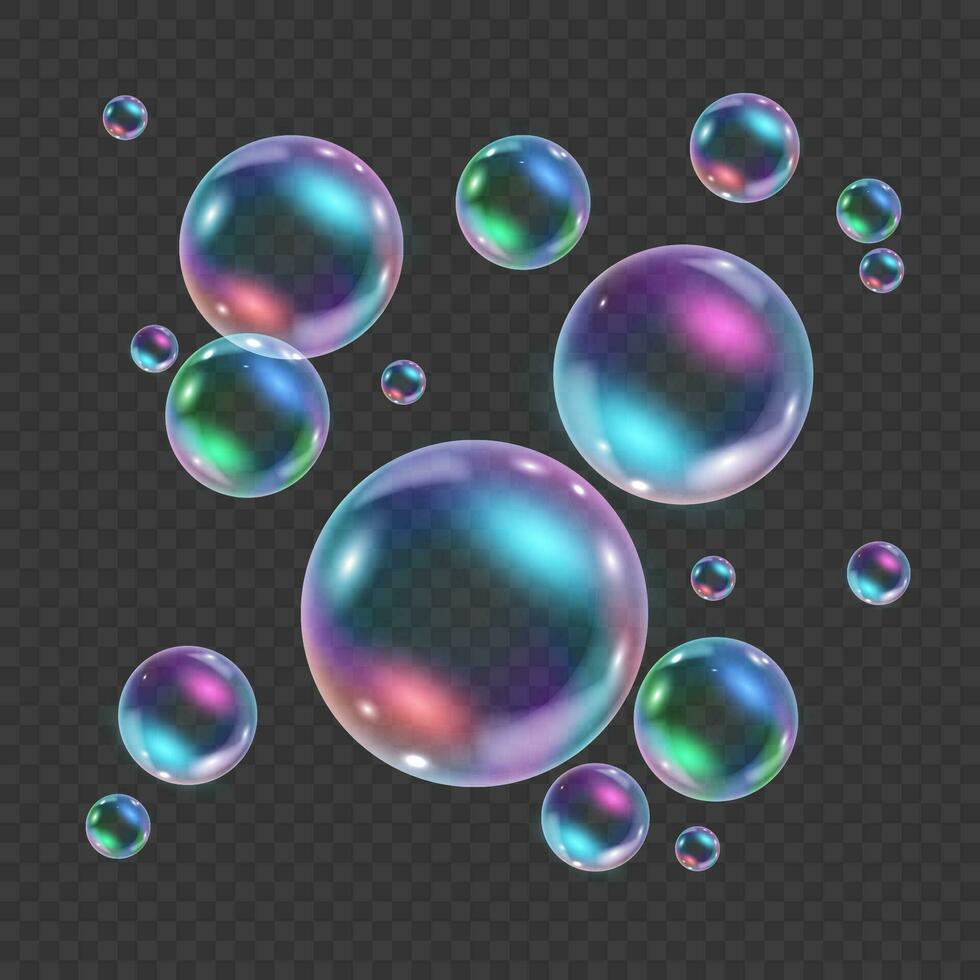 arco iris vistoso submarino burbuja. realista vector ilustración de aire o jabón agua burbujas con reflexiones flotante iridiscente brillante champú espuma pelotas