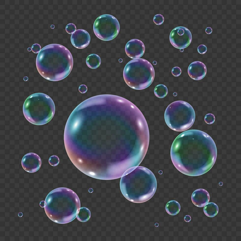 Rainbow colorful underwater bubble. Realistic vector illustration of air or soap water bubbles with reflections. Floating iridescent shiny shampoo foam balls