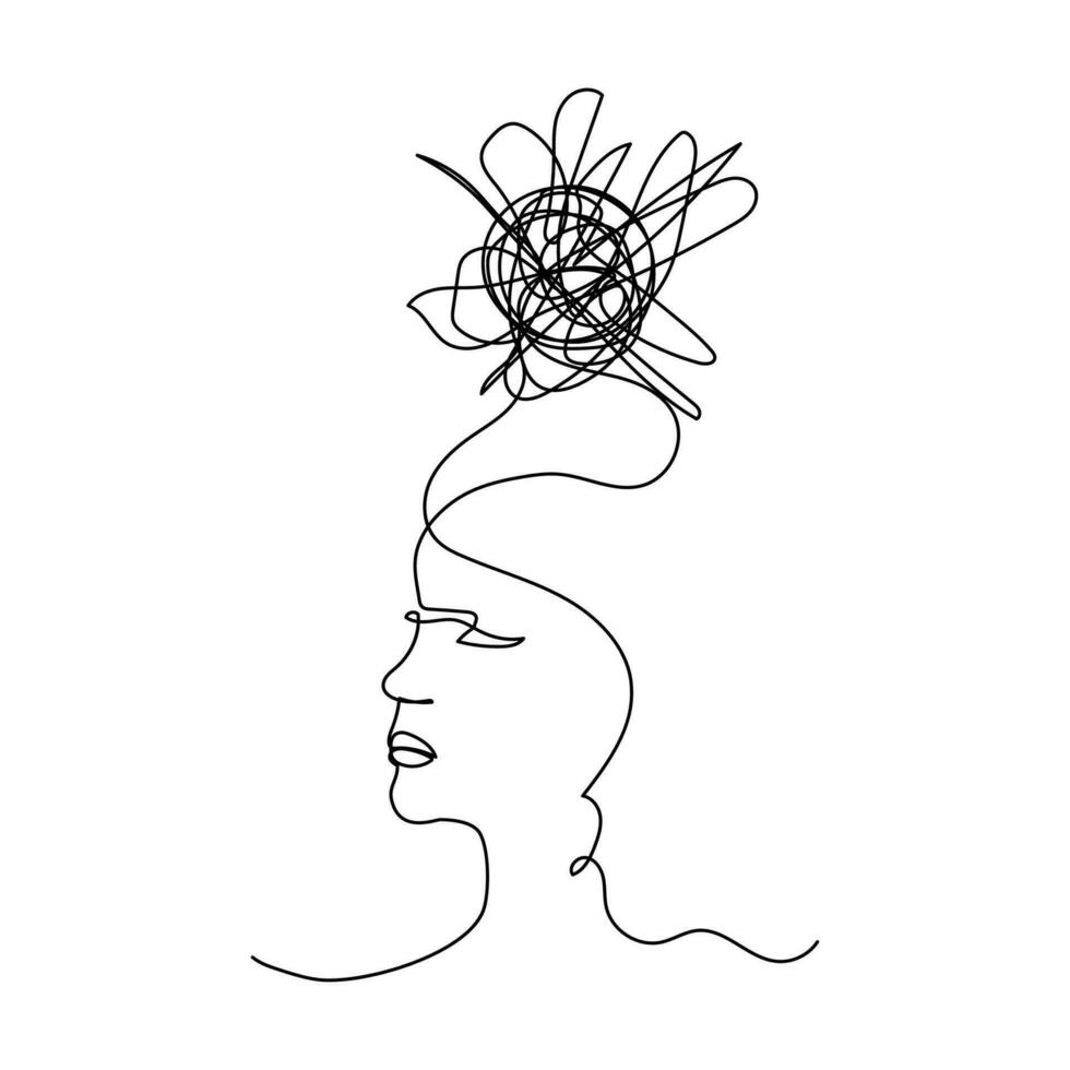 Continuous one line drawing of a woman with confused messy feelings worried about bad mental health. Problems stress illness and depression concept in simple linear style. Doodle Vector illustration