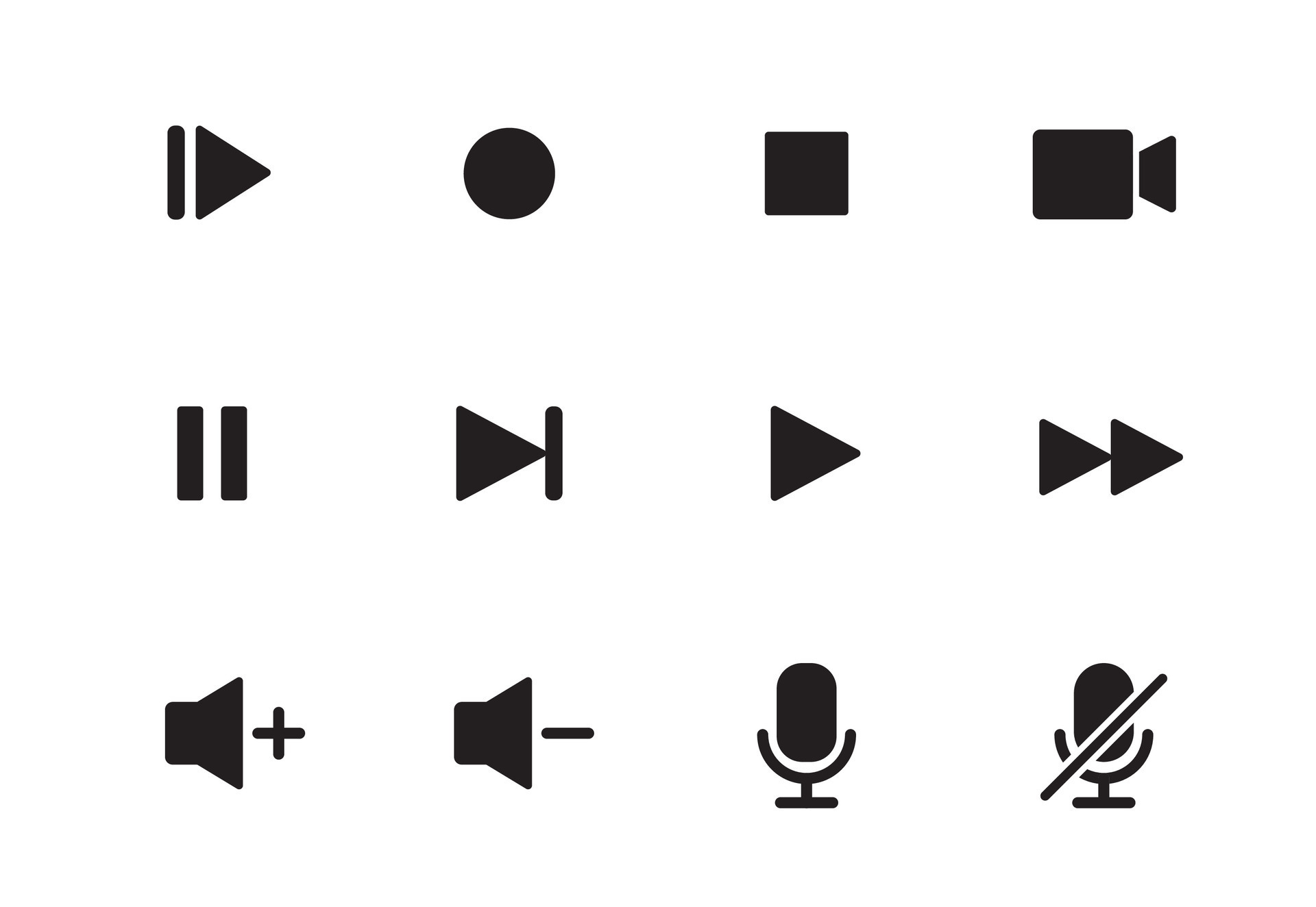 Audio, video, music player button icon. Sound control, play, pause button solid icon set. Camera