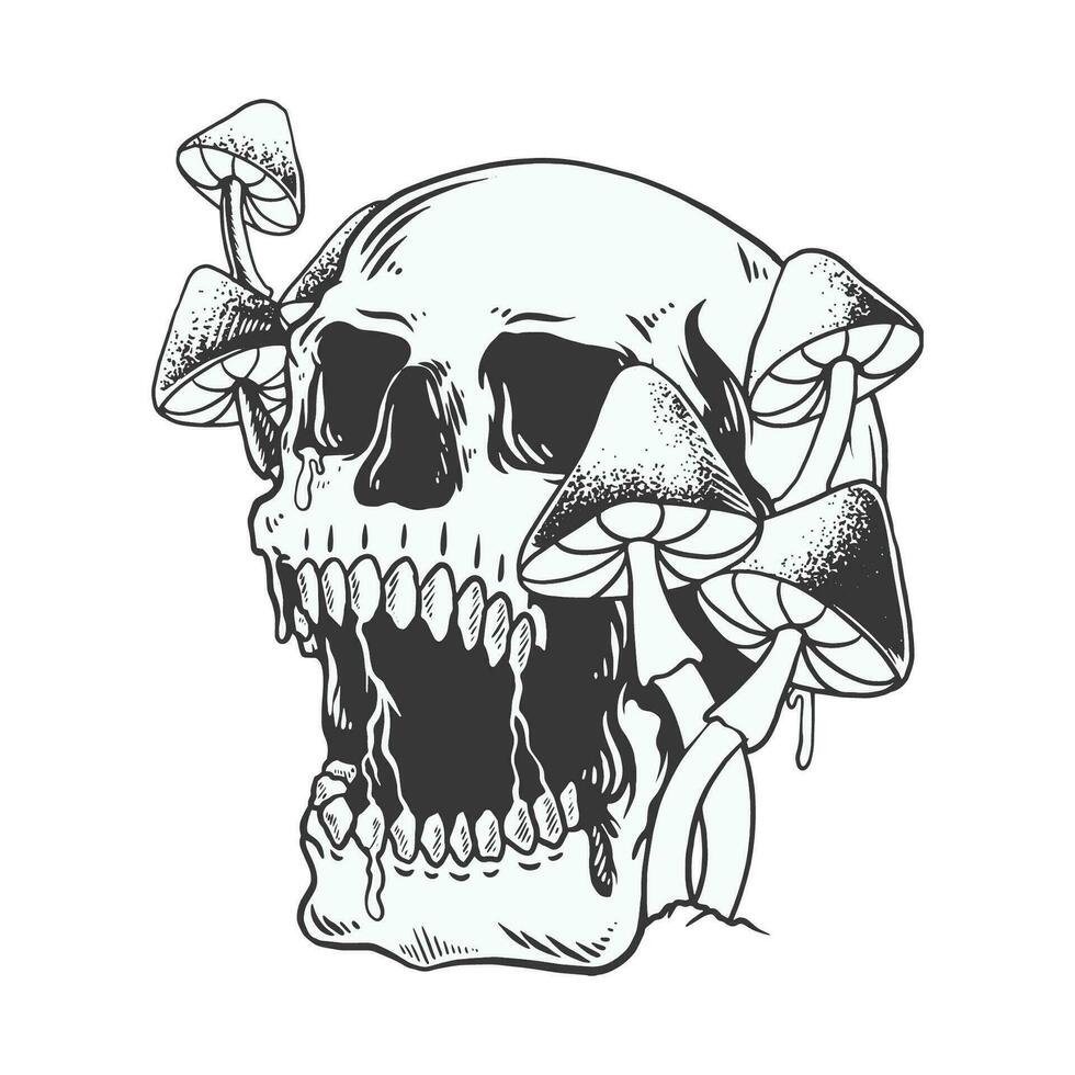 Mushroom skull monochrome vector art