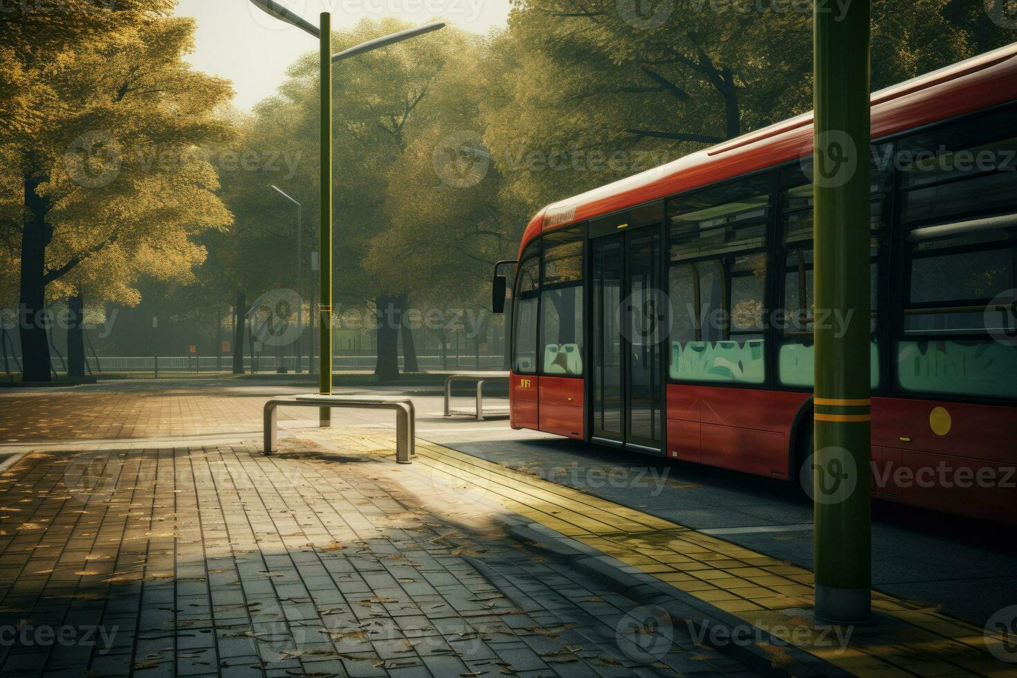 Modern bus arriving at a bus stop, AI Generated photo