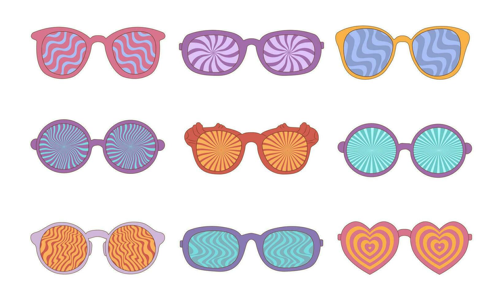 Trendy retro set 1970s style graphic elements of glasses. Vector illustration.