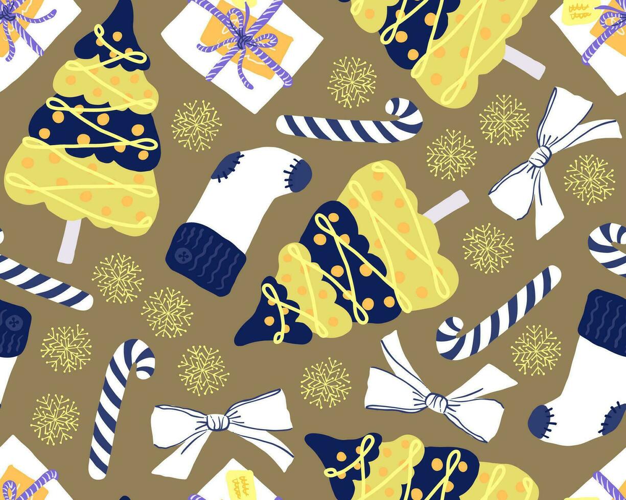 Cute Christmas elements seamless pattern in white, blue and gold. Xmas tree, socks, bow, candy cane, snowflake and gift box repeat pattern. Hand drawn illustration. Gift bag, fabric, paper design. vector