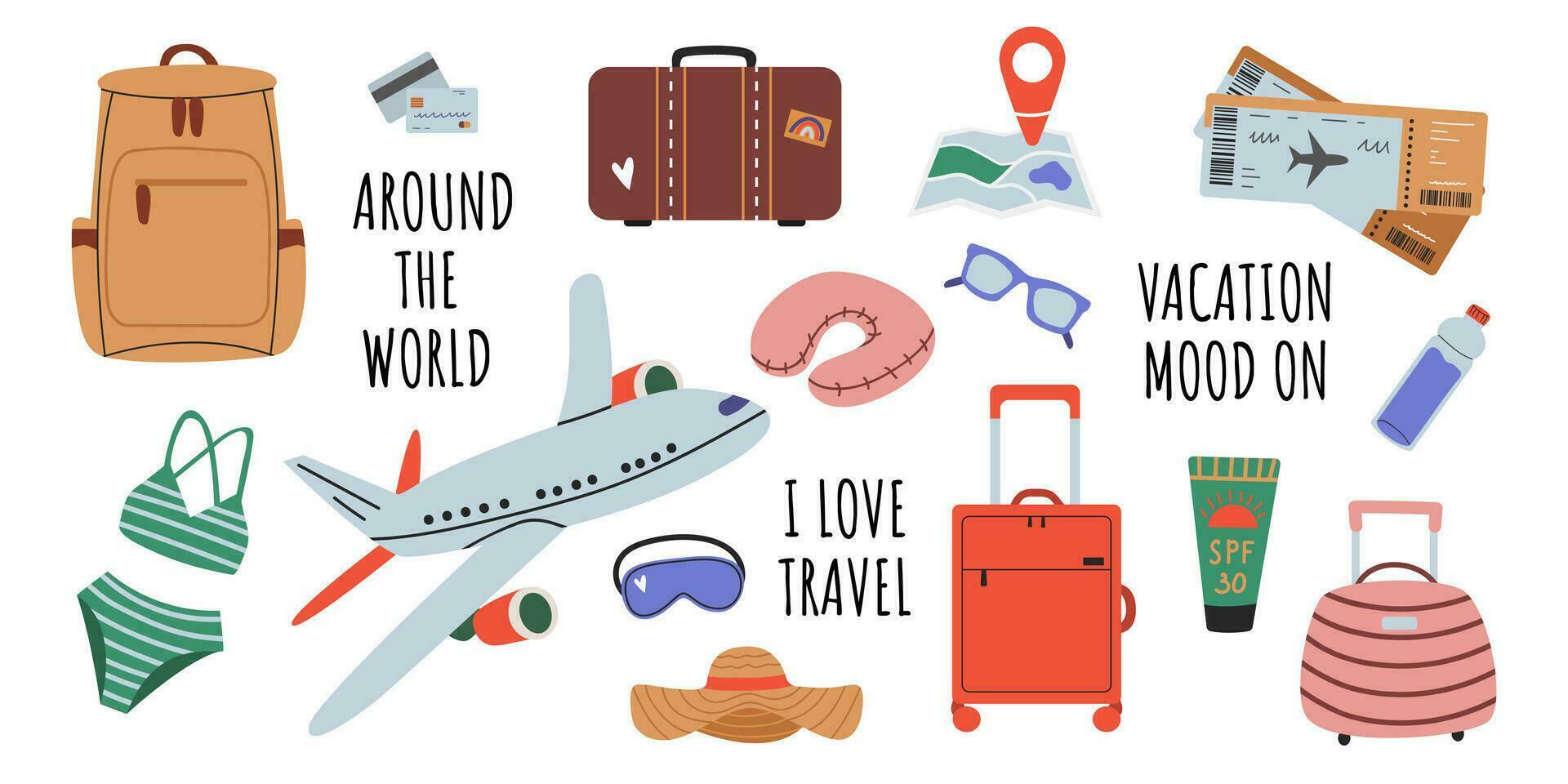 Large vector set of travel accessories. Accessories for a seaside vacation. Travel accessories set, suitcases, bags, luggage, bikini, map, airplane, tickets. Flat vector illustration isolated.