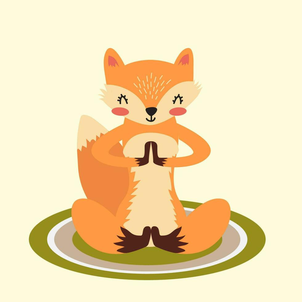 Cute meditating fox. Red fox doing yoga. Vector illustration in cartoon style. Beautiful fox on a fitness mat. Animal theme. Isolated background. Flat style.