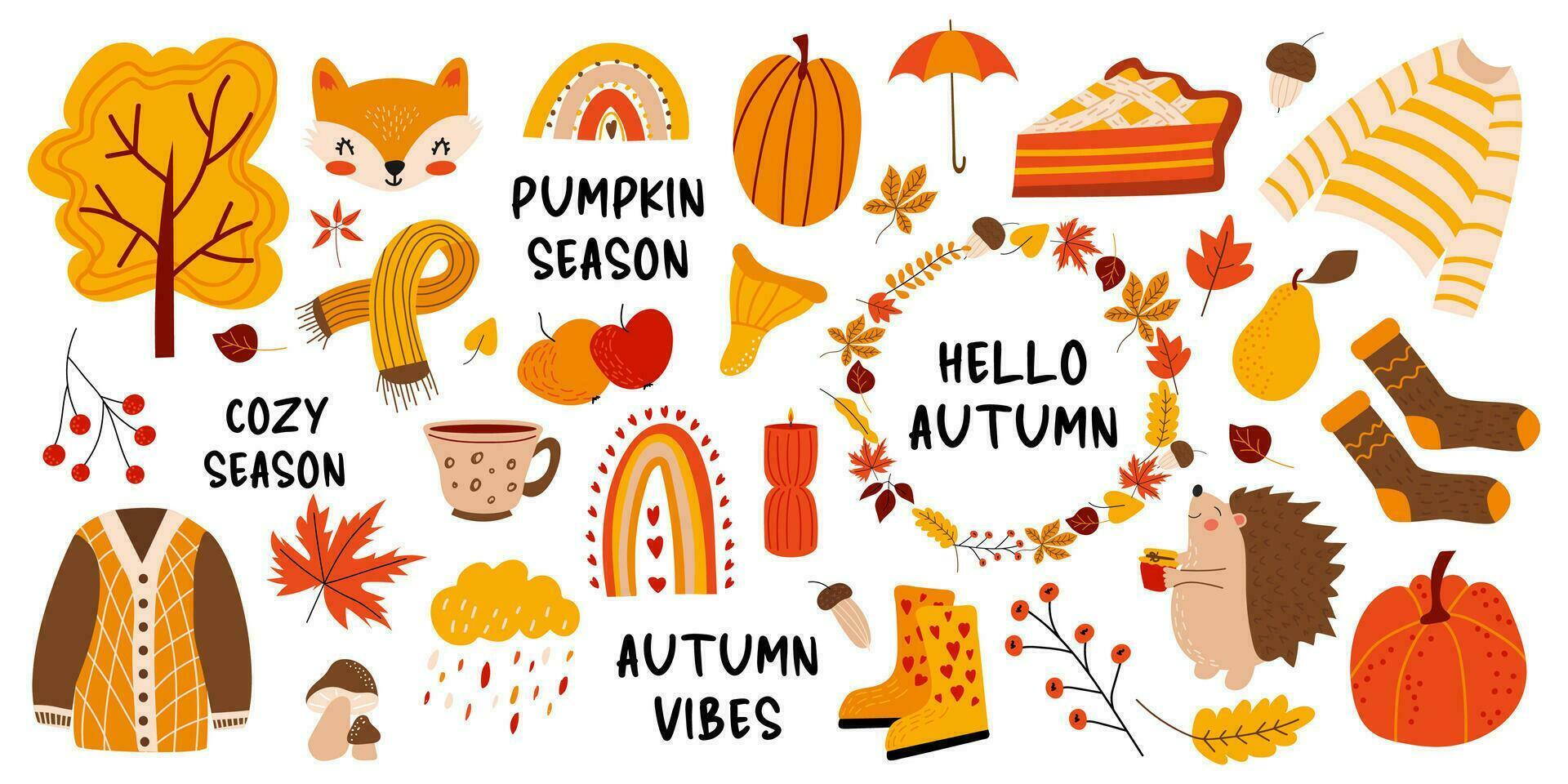 Vector set of fall elements. Autumn season. Leaves, acorns, sweater, scarf, pumpkins, boots, hedgehog, pie, rainbow, inscription. Collection of fall elements for scrapbooking. Beautiful poster, banner