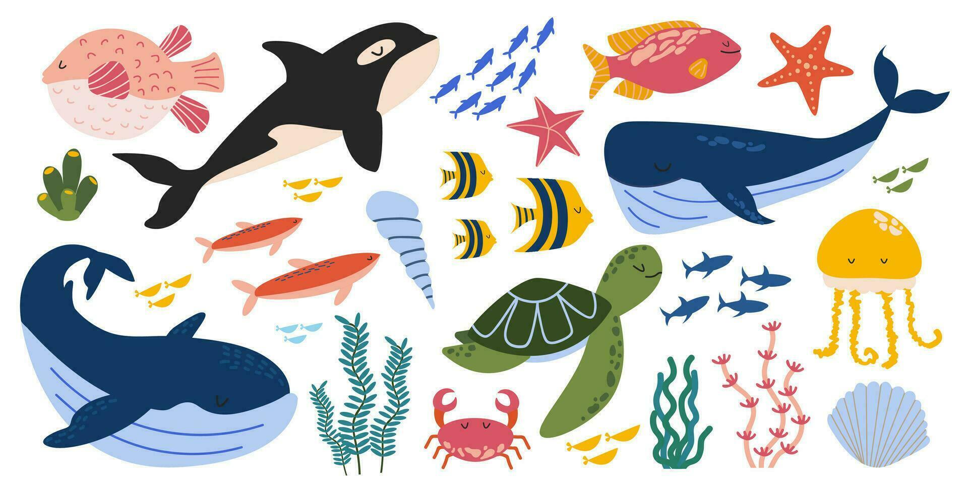 Large vector set of sea animals, fish, turtles, whales, jellyfish, algae, shells. Ocean animals, underwater world. Marine life. Vector collection of ocean inhabitants in flat style.