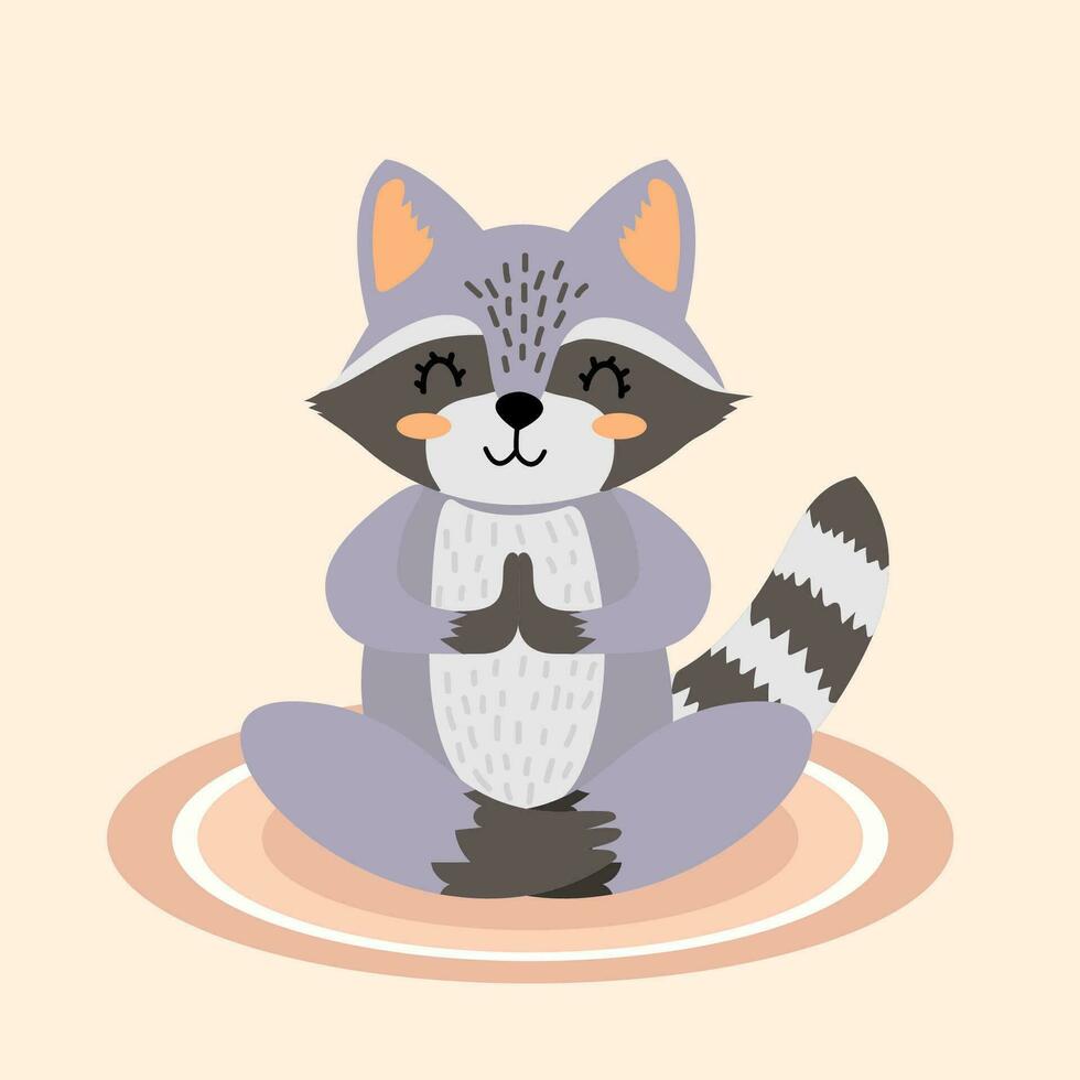 Cute meditating raccoon. Forest animal doing yoga. Vector illustration in cartoon style. Adorable raccoon on fitness mat. Animal theme. Isolated background. Flat style.