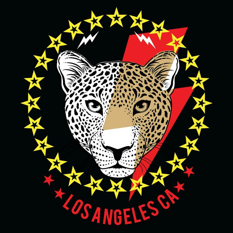 Los Angeles. Design for a leopard head t-shirt next to the symbol of thunderbolt surrounded by stars. vector
