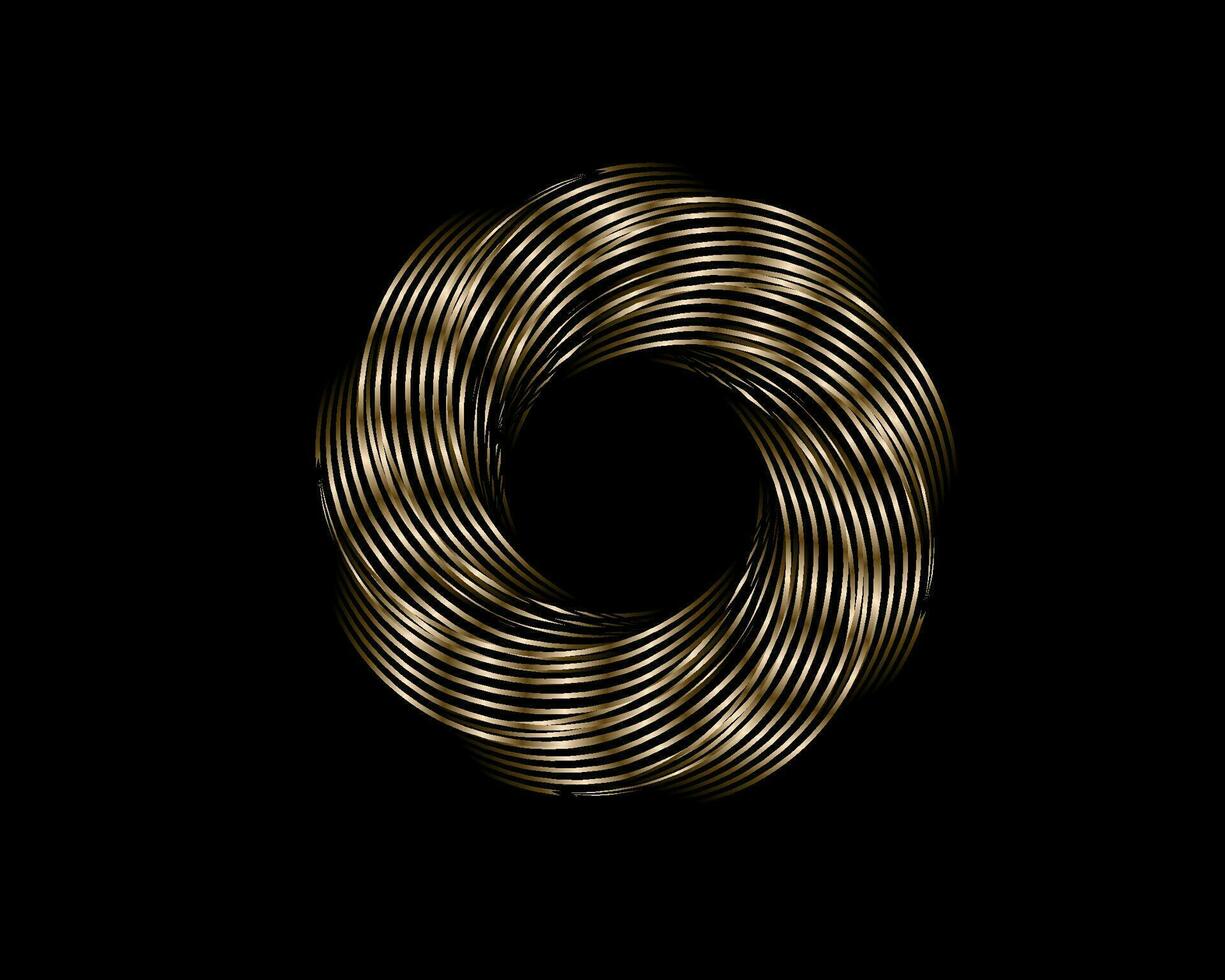 Metallic Abstract Flower Vortex, vector geometric circles bronze logo design isolated on black background. Technology round in wave elements