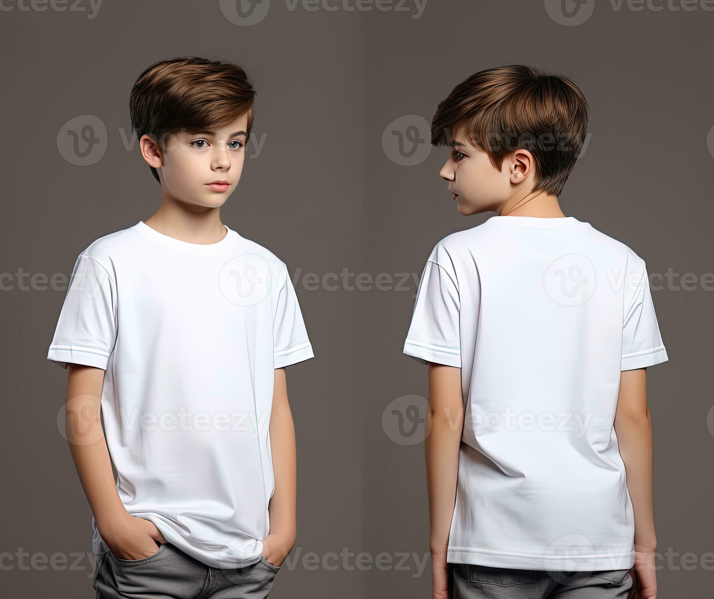 Front and back views of a little boy wearing a white T-shirt. ai ...