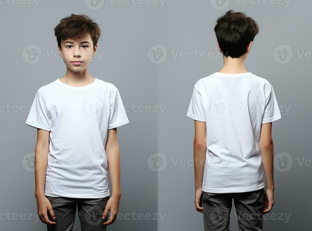 Front and back views of a little boy wearing a white T-shirt. ai generated photo