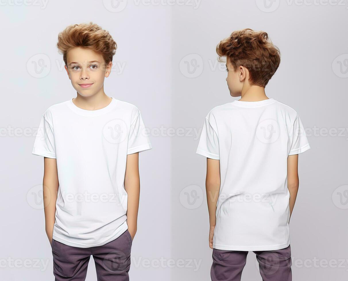 Front and back views of a little boy wearing a white T-shirt. ai ...