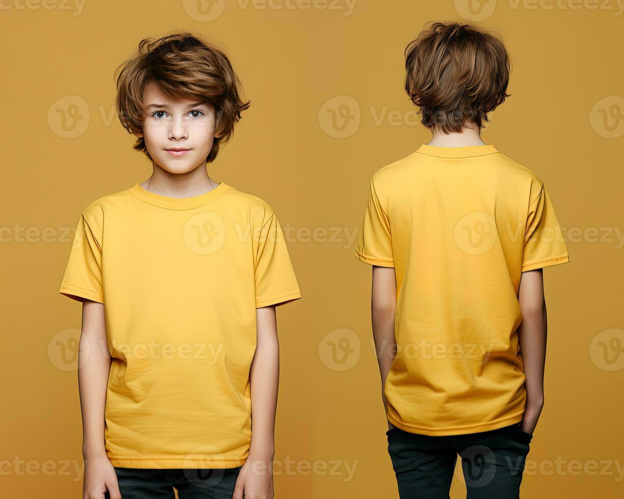 frente y espalda puntos de vista de un pequeño chico vistiendo un amarillo camiseta. ai generado foto