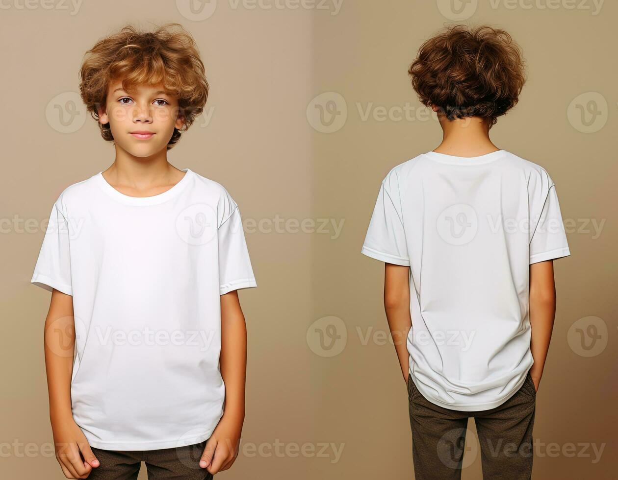 Front and back views of a little boy wearing a white T-shirt. ai generated photo