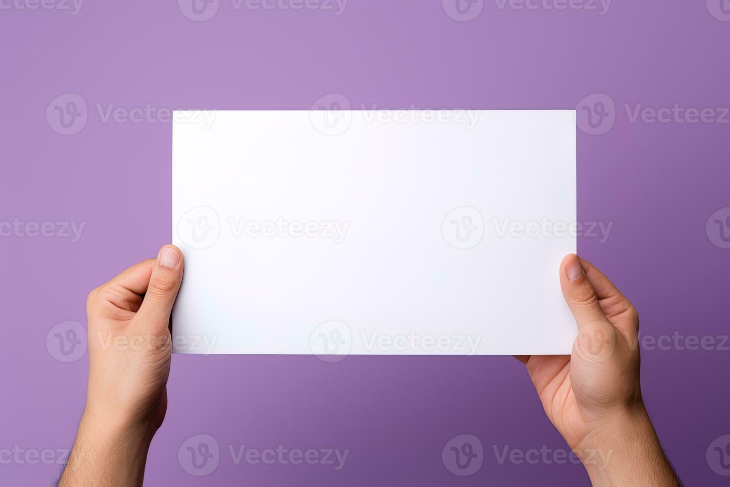 A human hand holding a blank sheet of white paper or card isolated on purple background. ai generated photo