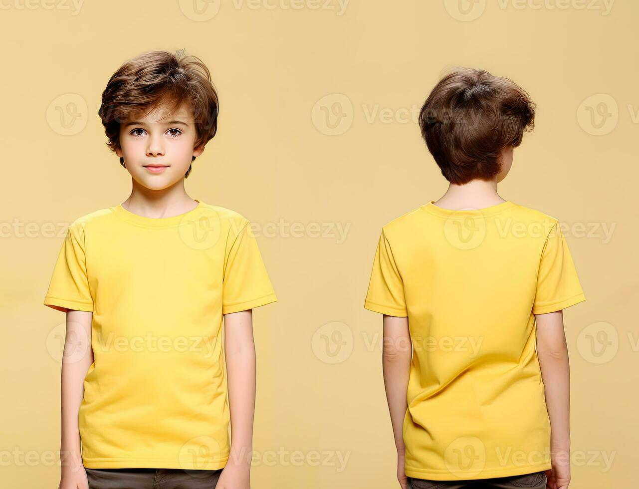 Front and back views of a little boy wearing a yellow T-shirt. ai generated photo