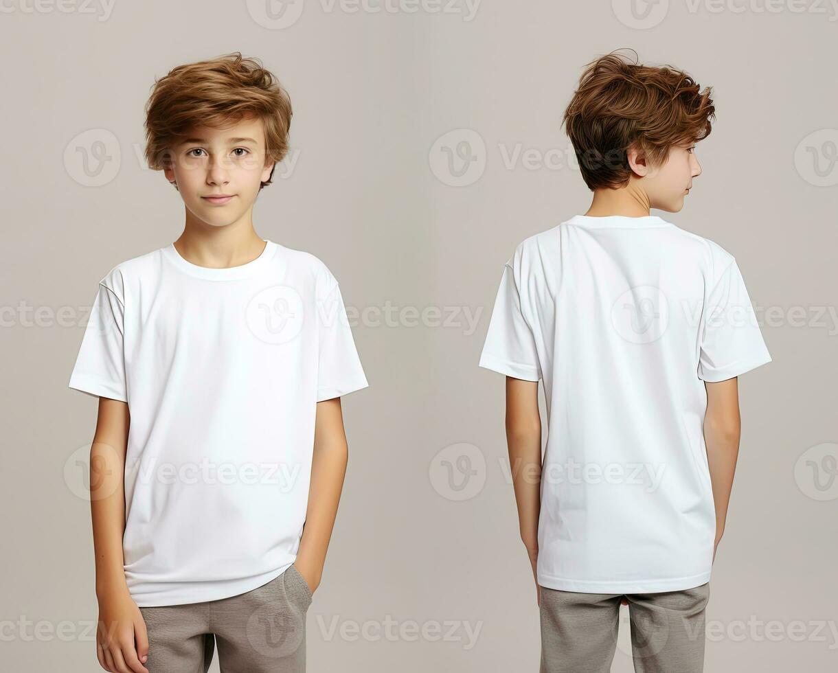 Front and back views of a little boy wearing a white T-shirt. ai ...