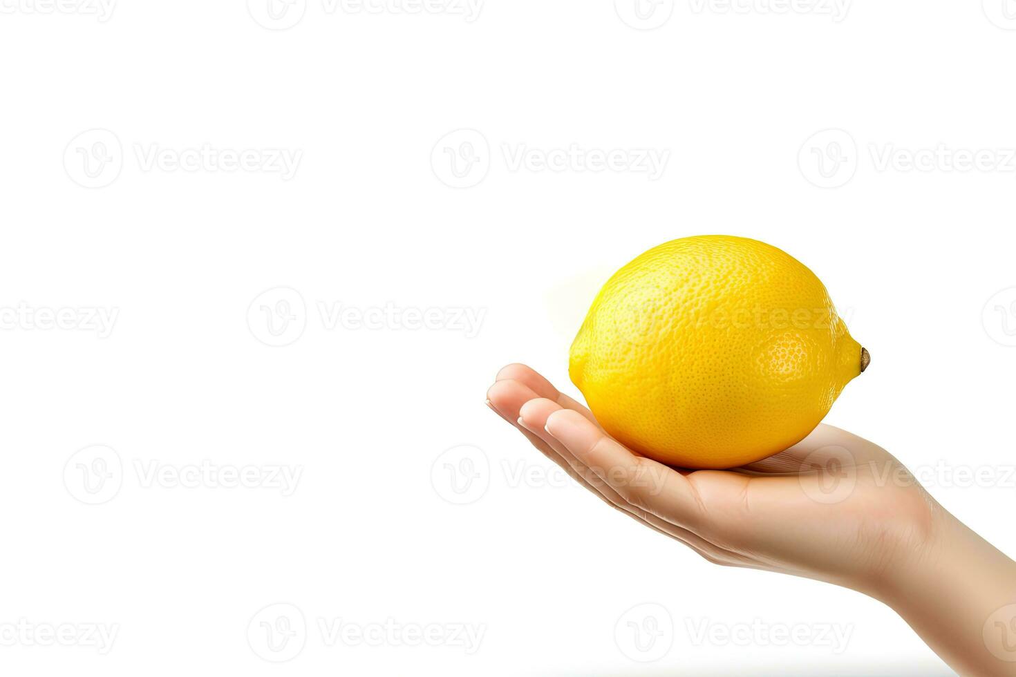 Lemon in hand isolated on white background with copy space. ai generated photo