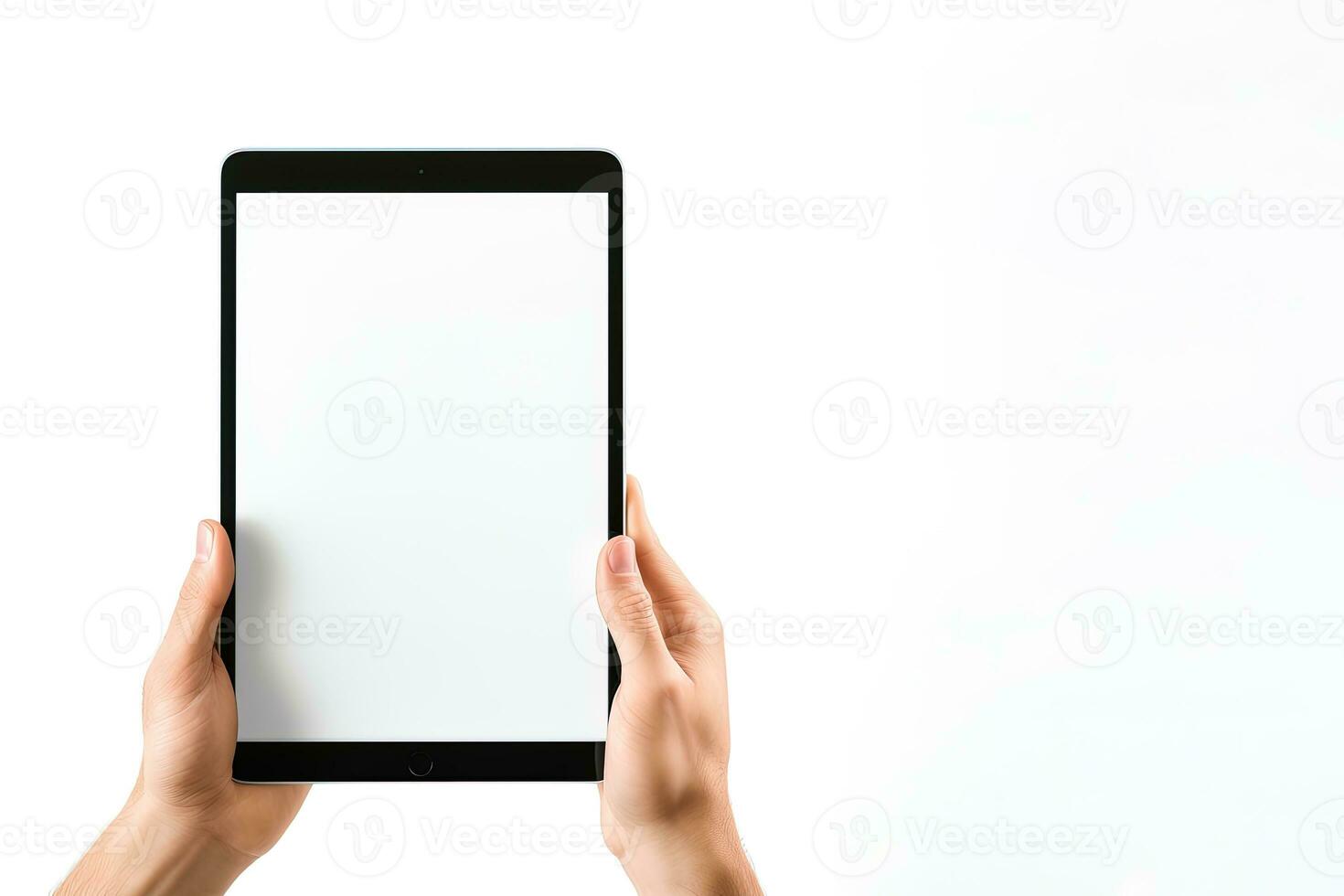 Hand holding tablet with mockup blank screen isolated on white background with copy space. ai generated photo