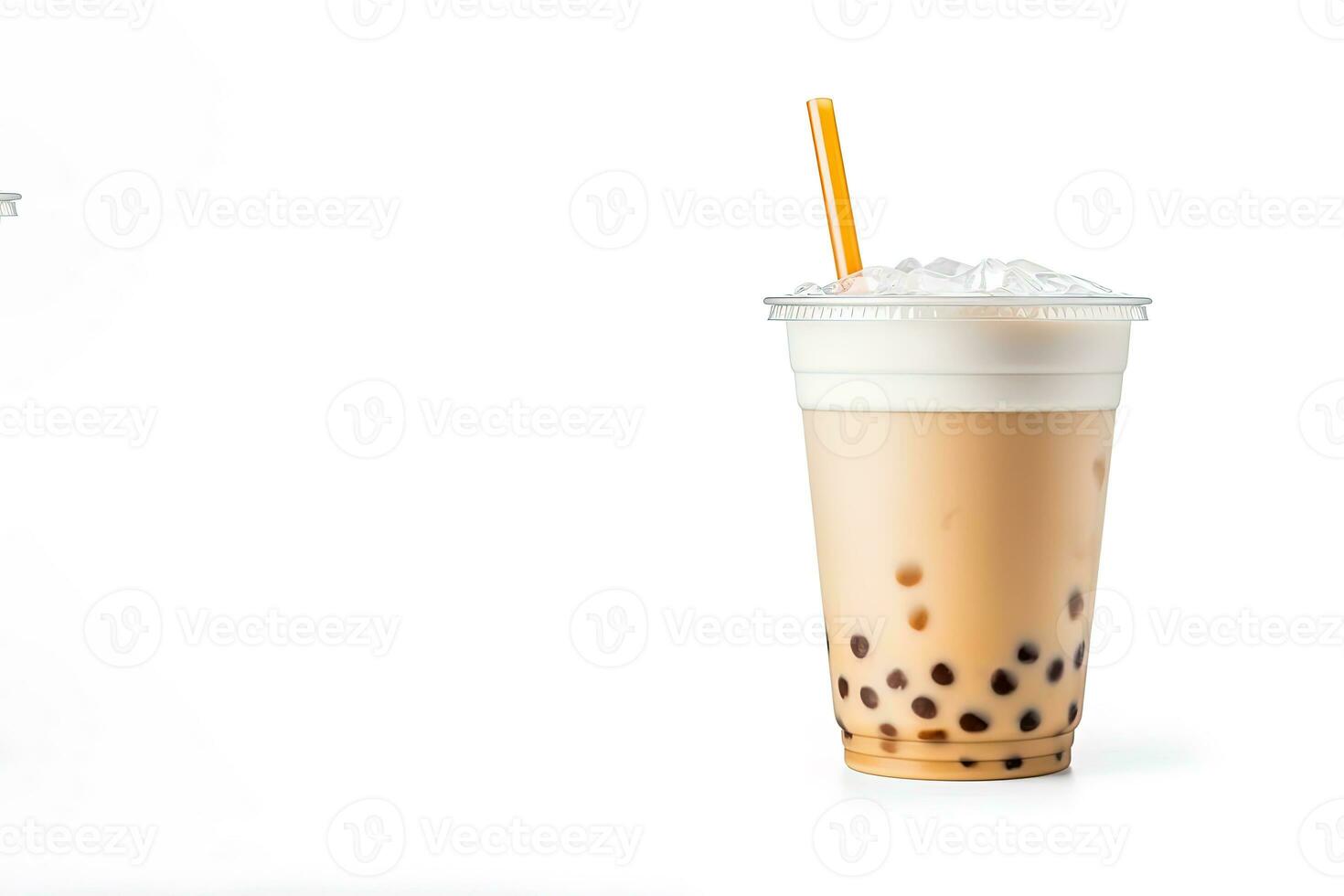 iced milk tea and bubble boba in the plastic glass on the white background with copy space. ai generated photo