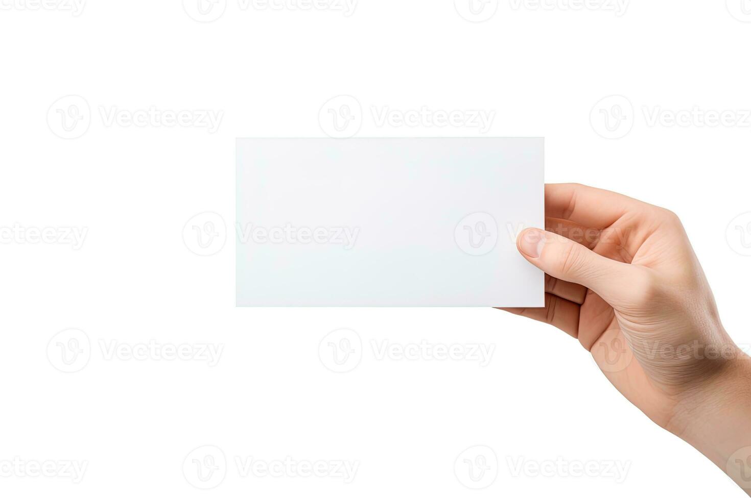 A human hand holding a blank sheet of white paper or card isolated on white background. ai generated photo