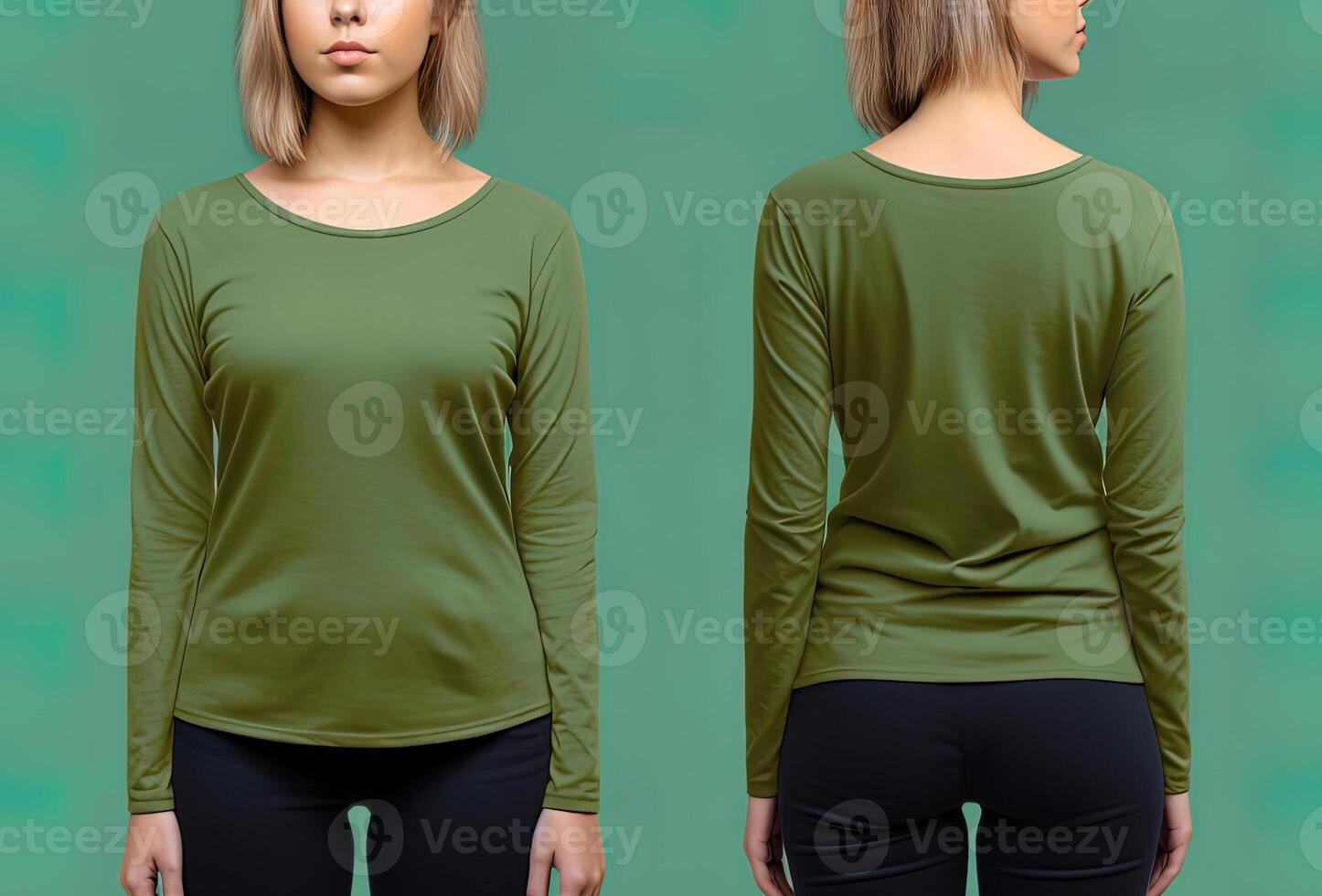 Woman wearing a green T-shirt with long sleeves. Front and back view. ai generated photo