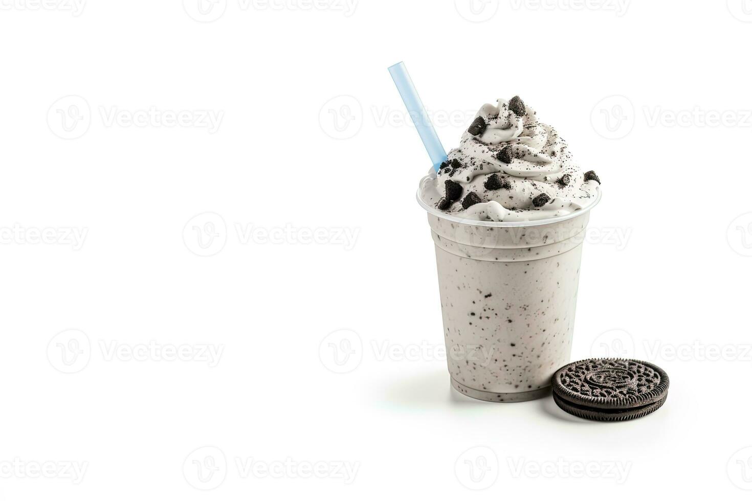 Cookies and cream milkshake in a takeaway cup isolated on white background with copy space. ai generated photo