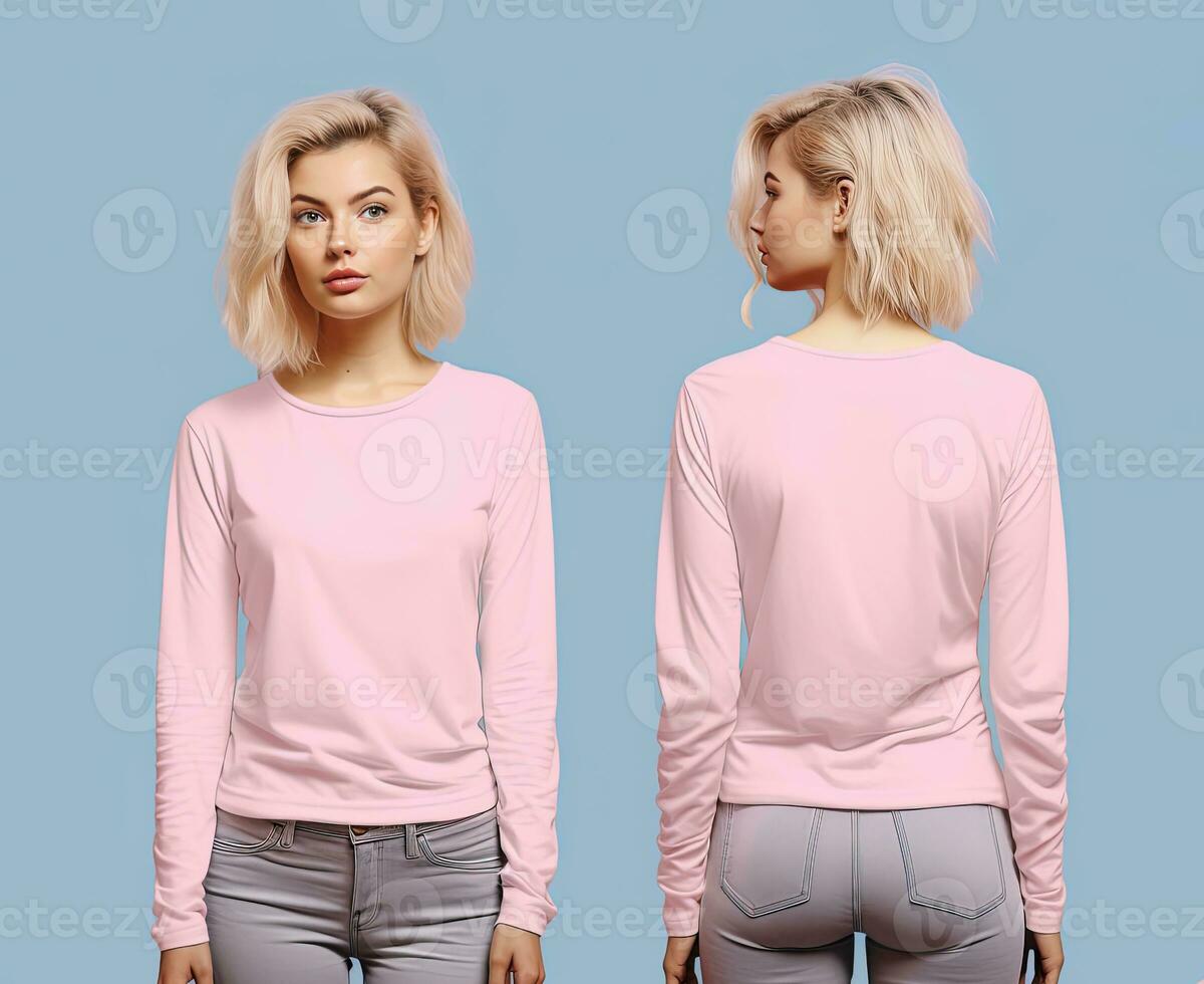 Woman wearing a pink T-shirt with long sleeves. Front and back view photo