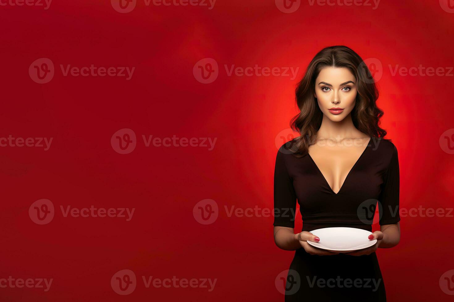 Young beautiful stylish woman holding an empty plate or dish isolated on red background with copy space. ai generated photo