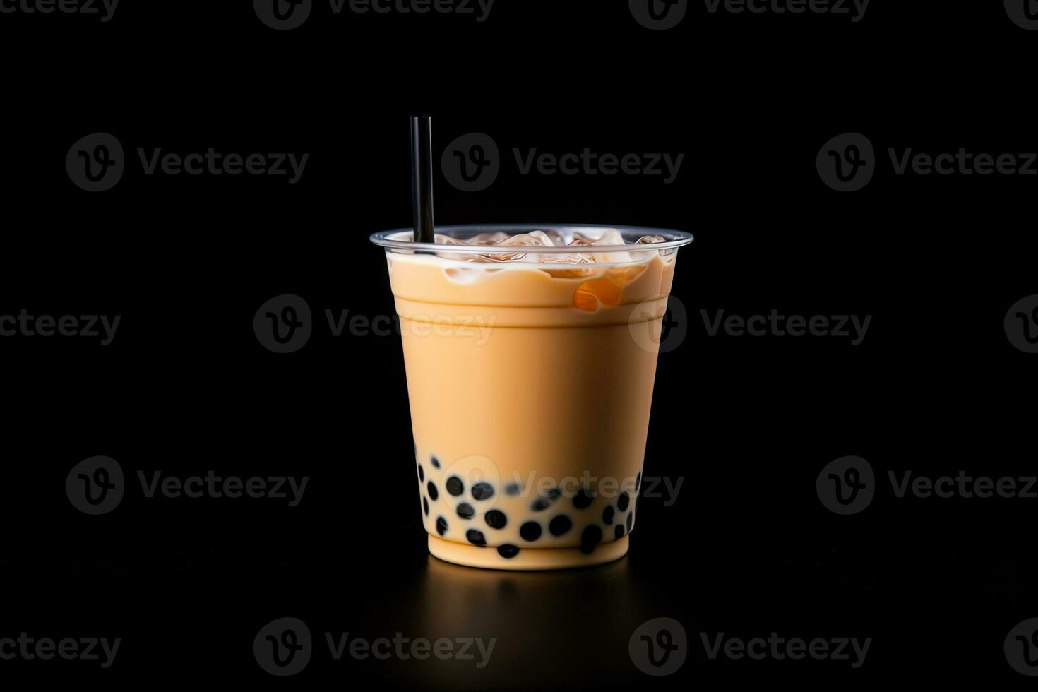 milk tea white bubble on plastic cup, isolated on dark background, side view. ai generated photo