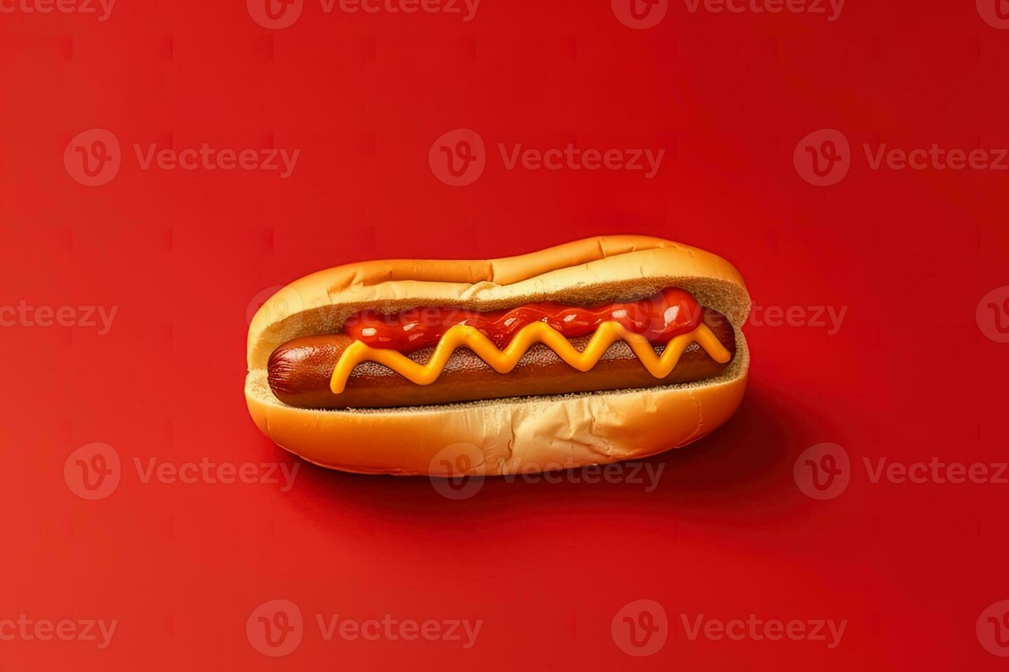 Hot dog with mustard and ketchup isolated on a red background. ai generated photo