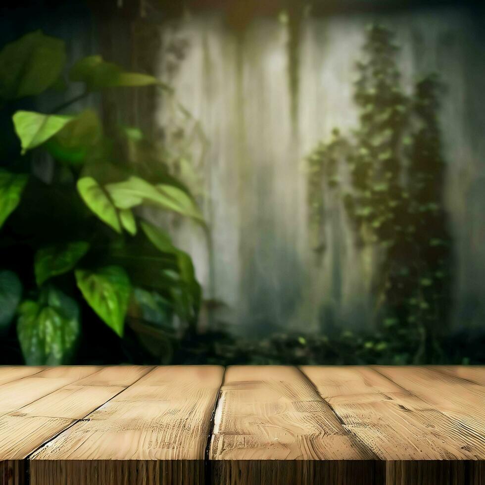 Empty rustic wooden table with some plants, Ai Generative photo