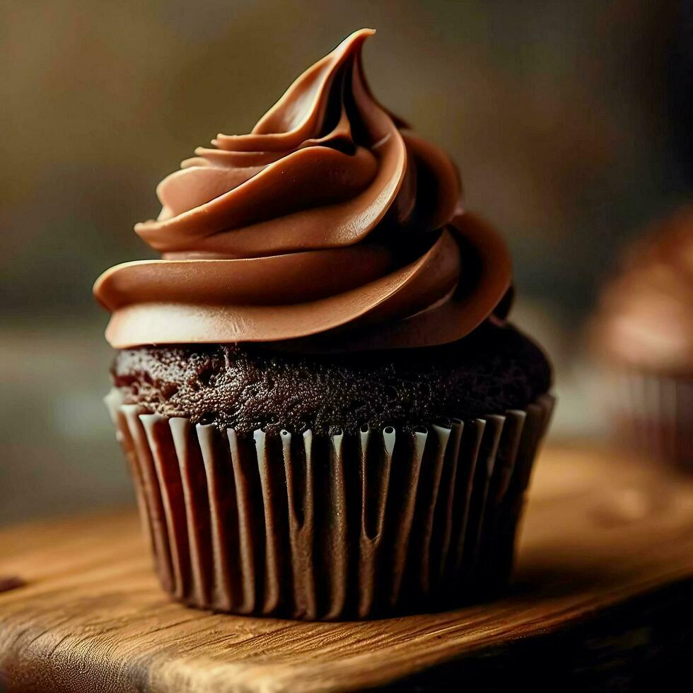 A chocolate cupcake on a wooden board, Ai Generative photo