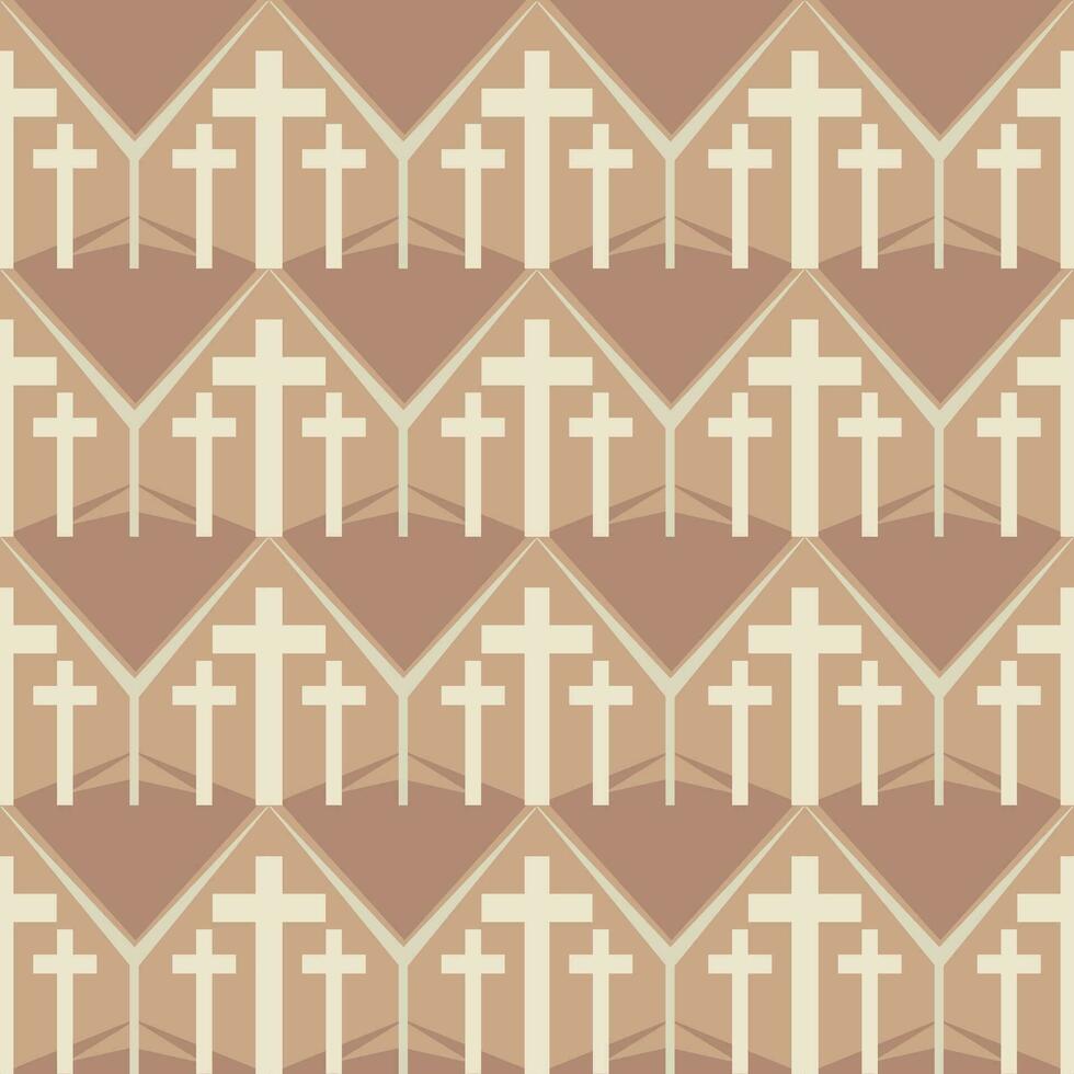 Religious background of three crosses in church outline, seamless repeating pattern vector