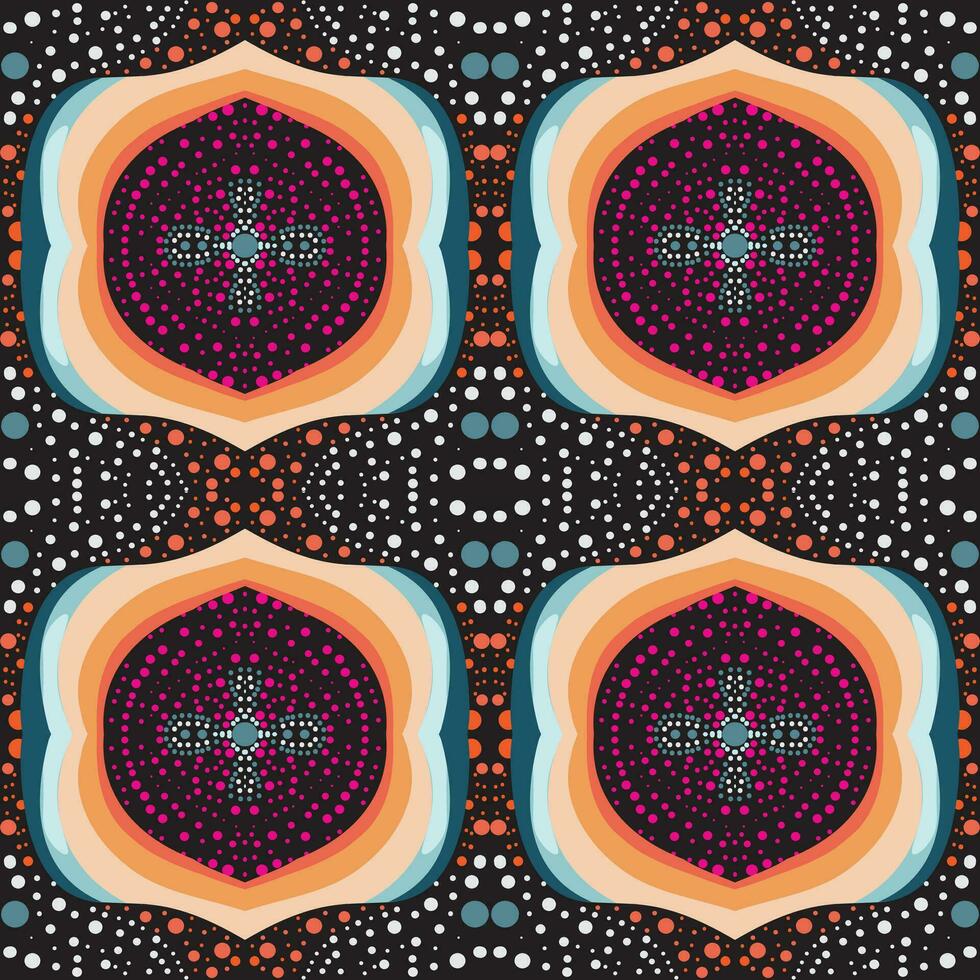 Colorful cross mandala repeating pattern, 1960s inspired vector