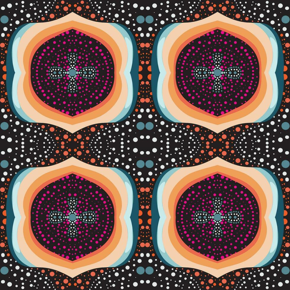 Colorful cross mandala repeating pattern, 1960s inspired vector