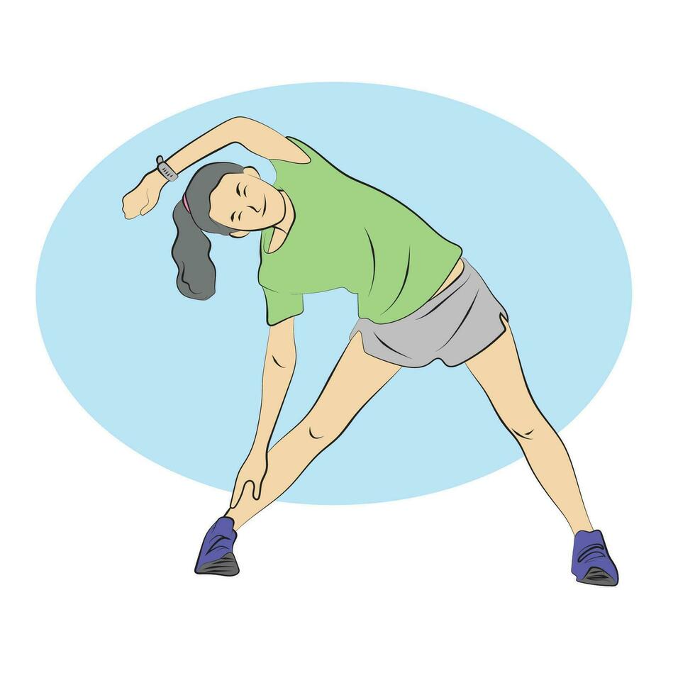 mujer haciendo yoga y extensión piernas antes de corriendo ilustración vector mano dibujado aislado en blanco antecedentes