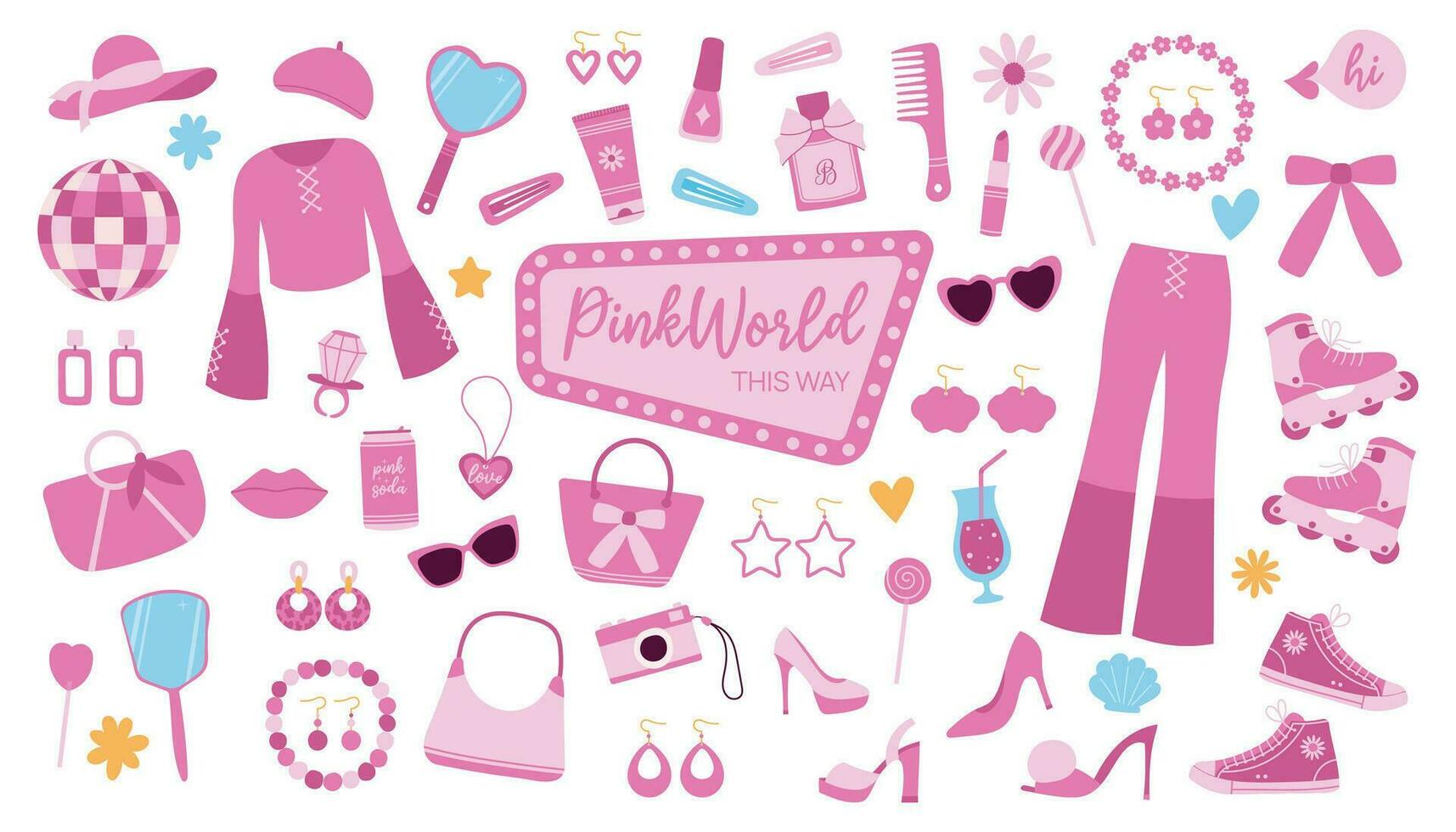 Pink doll girl trendy set with aesthetic accessories, clothing and cosmetics. Cartoon vector illustration.